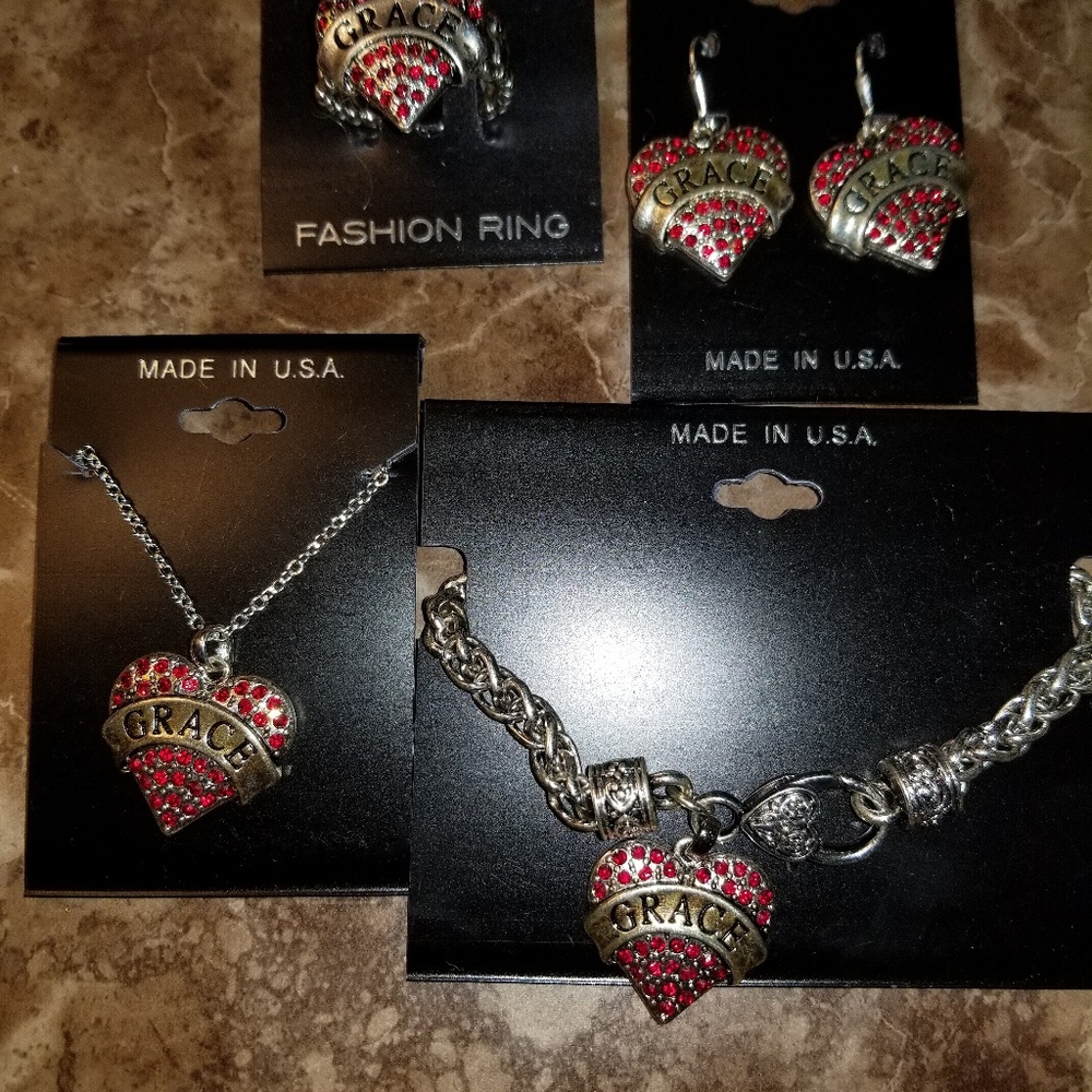 4 PC necklace, bracelet, earrings, ring